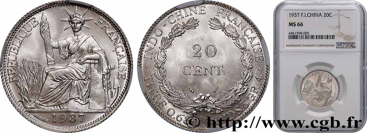 FRENCH INDOCHINA 20 Centièmes 1937 Paris MS66 NGC