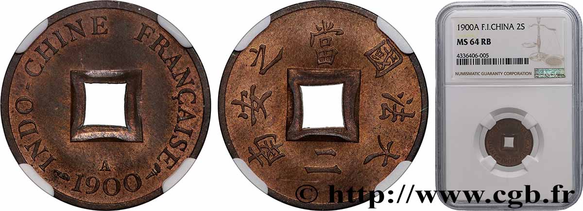 FRENCH INDOCHINA 1 Sapèque (1/500 de Piastre) 1900 Paris MS64 NGC