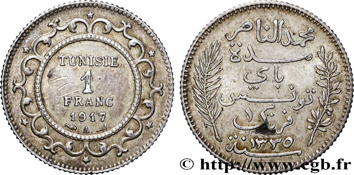 TUNISIE - PROTECTORAT FRANÇAIS 1 Franc AH 1335 1917 Paris TTB+