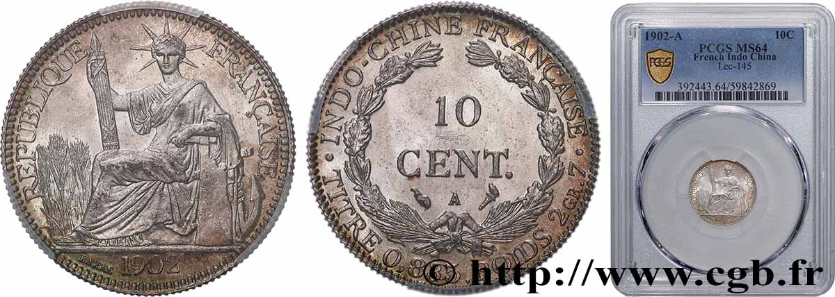 INDOCHINE FRANÇAISE 10 Centièmes 1902 Paris SPL64 PCGS