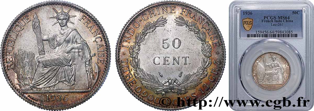 FRENCH INDOCHINA 50 Centièmes 1936 Paris MS64 PCGS