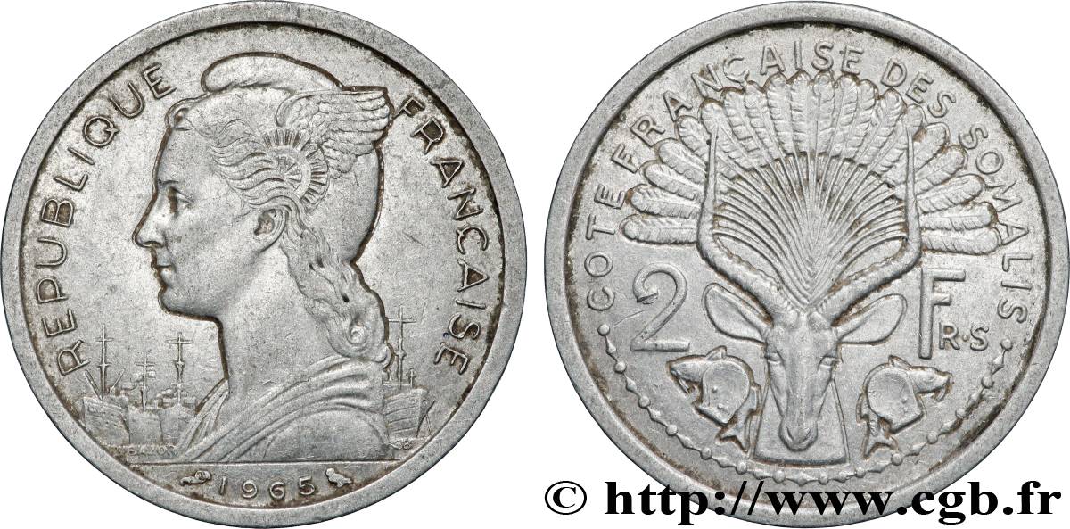 FRENCH SOMALILAND 2 Francs Marianne / antilope 1965 Paris AU