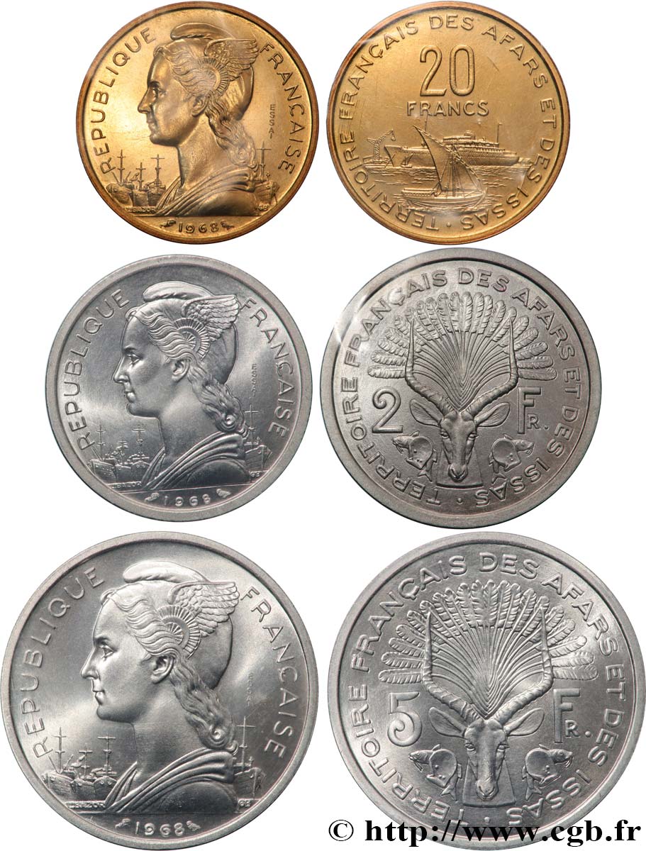 DSCHIBUTI - Französisches Afar- und Issa-Territorium Essai de 20, 5 et 2 Francs 1968 Paris ST