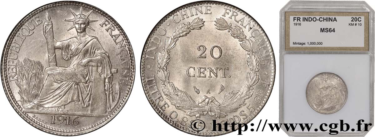 FRENCH INDOCHINA 20 Centièmes 1916 Paris MS64 autre