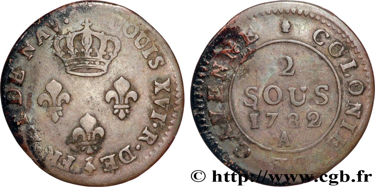 GUYANE FRANÇAISE 2 Sous colonies de Cayenne 1782 Paris - A TTB