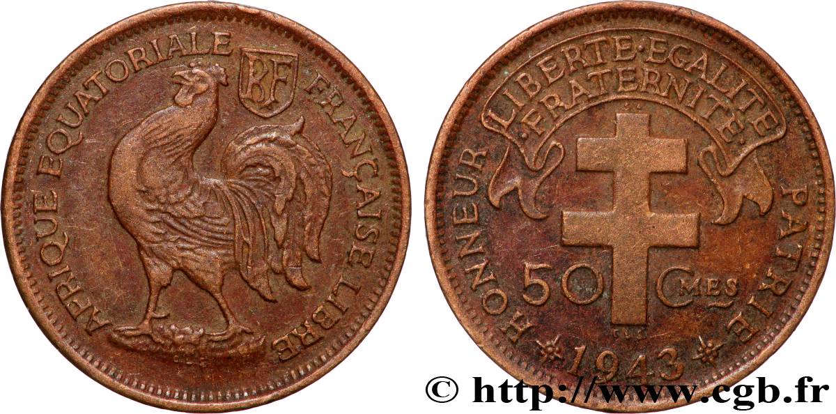 AFRIQUE ÉQUATORIALE FRANÇAISE - FRANCE LIBRE 50 Centimes 1943 Prétoria TTB+