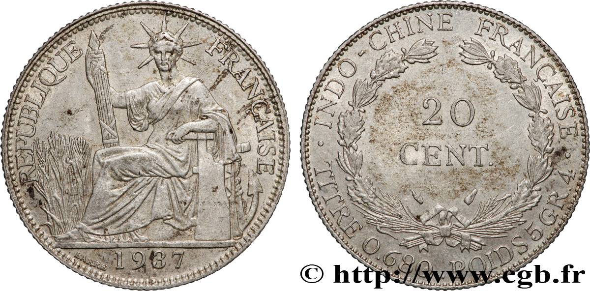INDOCHINE FRANÇAISE 20 Centièmes 1937 Paris SUP
