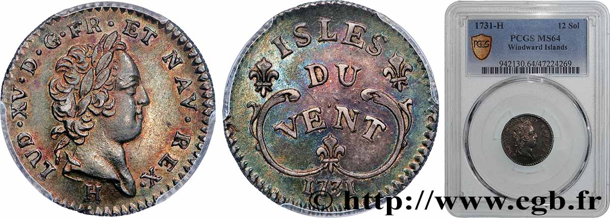 ÎLES DU VENT - LOUIS XV DIT LE BIEN AIMÉ Douze sols 1731 La Rochelle SPL64 PCGS