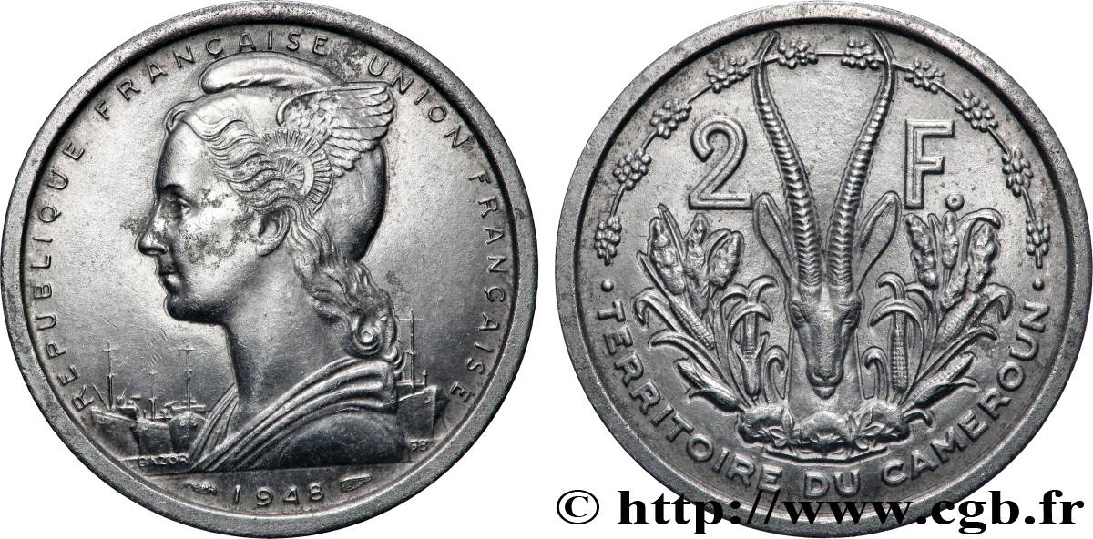 CAMEROUN - UNION FRANÇAISE 2 Francs Marianne / antilope 1948 Paris TTB+
