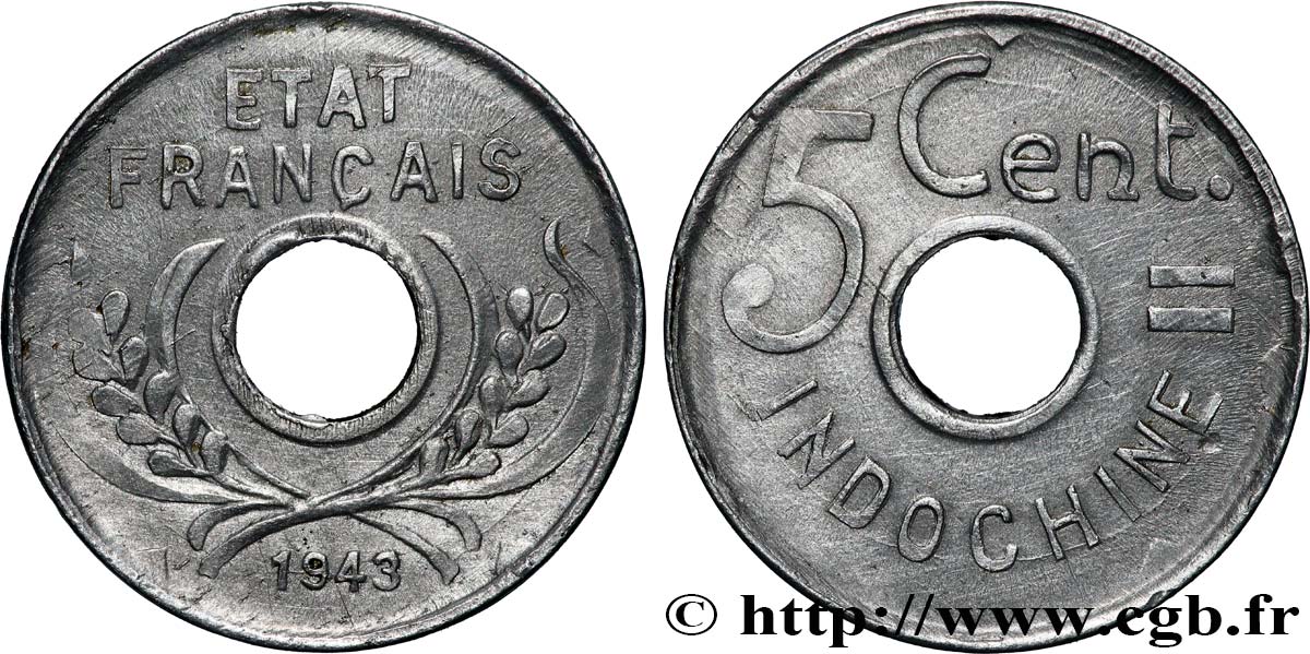 FRENCH INDOCHINA 5 Centièmes 1943 Hanoï AU
