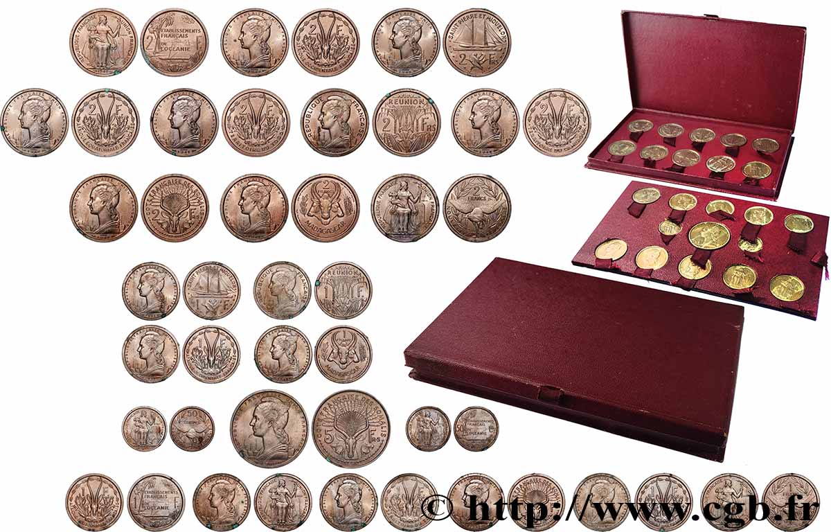FRENCH UNION - FOURTH REPUBLIC Coffret de 23 essais Union Française pour les colonies en bronze-nickel 1948-1949 Paris MS