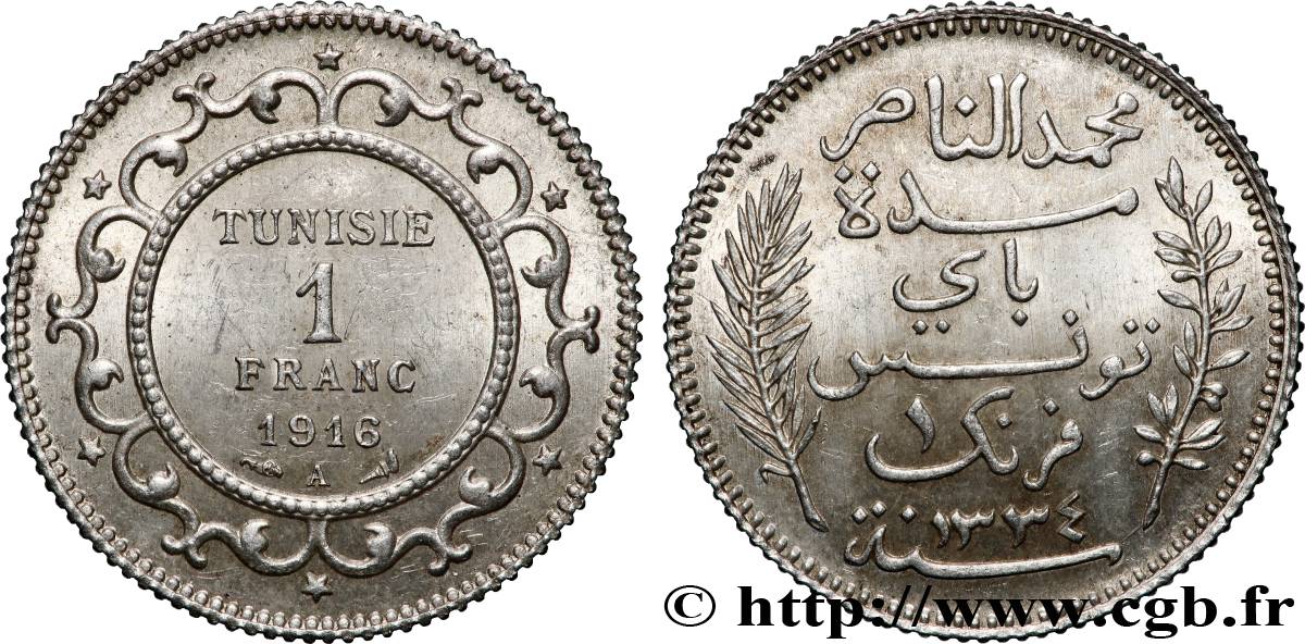 TUNEZ - Protectorado Frances 1 Franc AH1334 1916 Paris EBC+