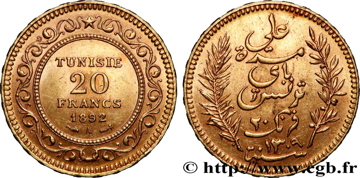 OR, PALLADIUM ET PLATINE INVESTISSEMENT 20 Francs or Bey Ali AH1310 1892 Paris SUP