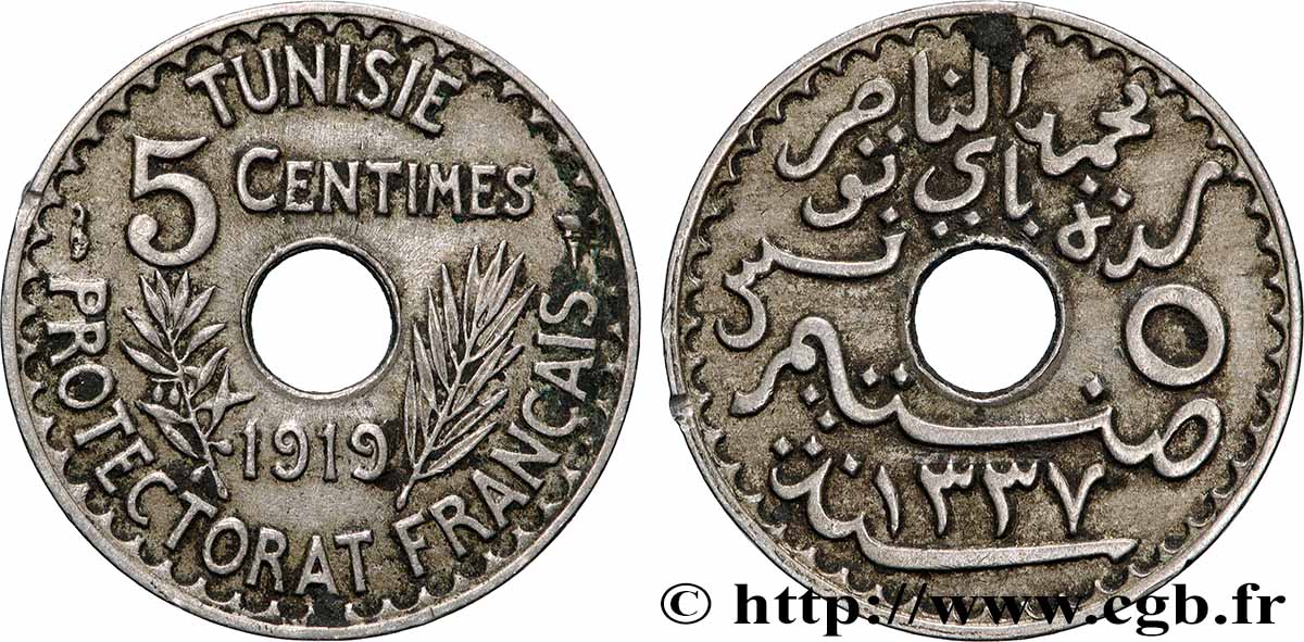TUNISIE - PROTECTORAT FRANÇAIS 5 Centimes AH 1337 1919 Paris TTB