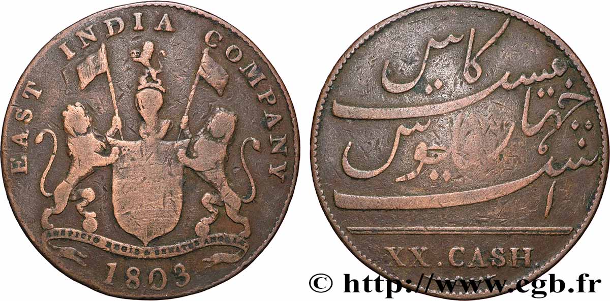 ÎLE DE FRANCE (ÎLE MAURICE) XX (20) Cash East India Company 1803 Madras TB+