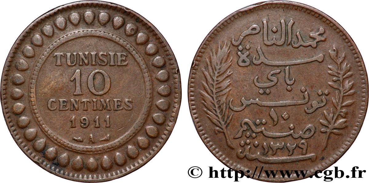 TUNISIE - PROTECTORAT FRANÇAIS 10 Centimes AH1329 1911 Paris TTB