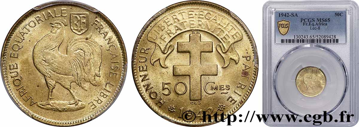 FRENCH EQUATORIAL AFRICA - FREE FRENCH FORCES 50 Centimes 1942 Prétoria MS65 PCGS