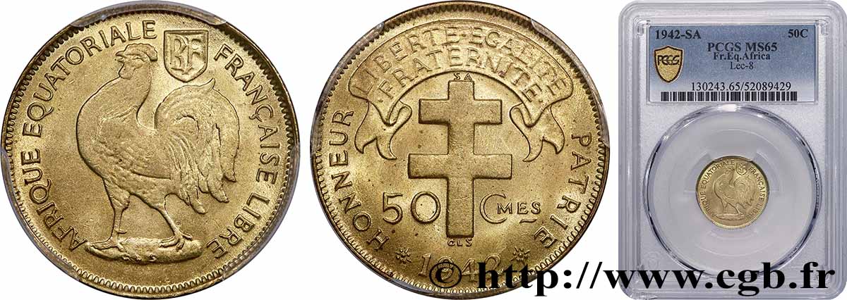 FRENCH EQUATORIAL AFRICA - FREE FRENCH FORCES 50 Centimes 1942 Prétoria MS65 PCGS
