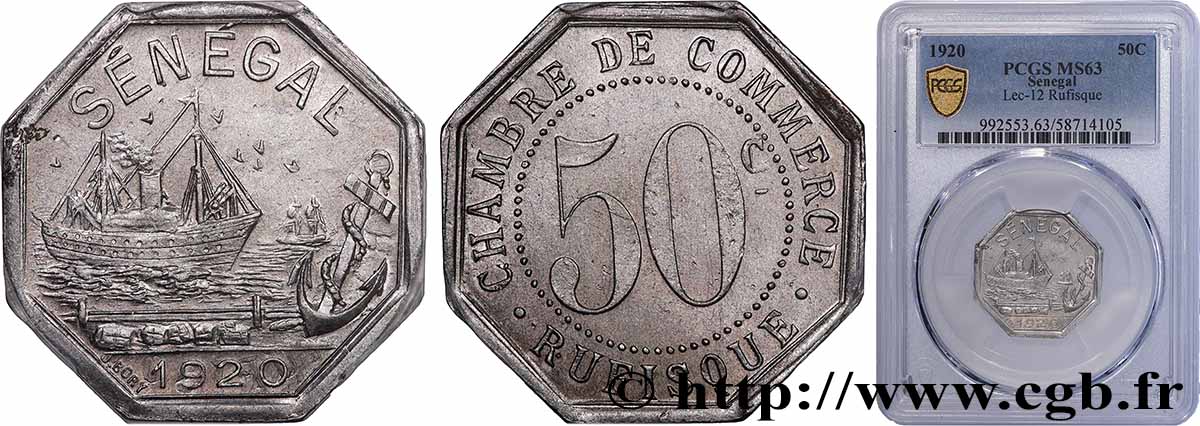 AFRIQUE FRANÇAISE - SÉNÉGAL 50 Centimes Chambre de Commerce de Dakar 1920 Dakar MS63 PCGS
