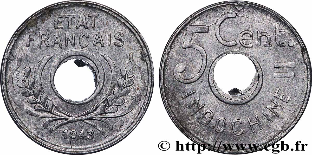 INDOCHINE FRANÇAISE 5 Centièmes 1943 Hanoï TTB+