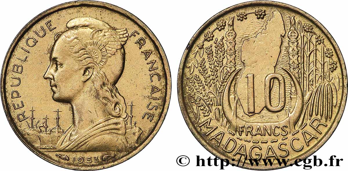 MADAGASCAR French Union 10 Francs 1953 Paris AU
