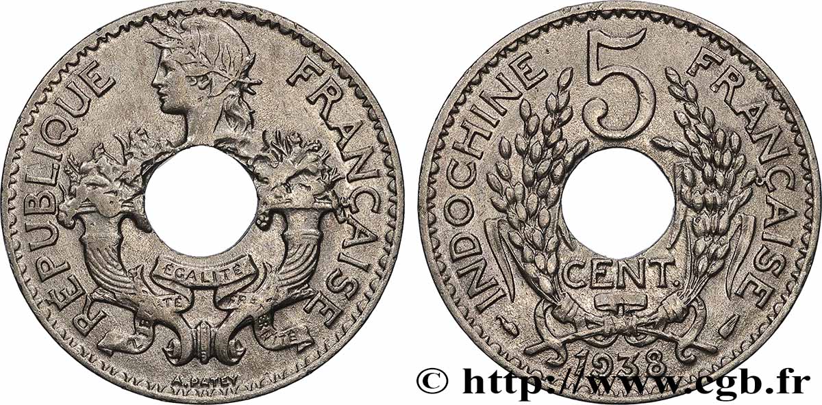 INDOCHINE FRANÇAISE 5 Centièmes 1938 Paris TTB
