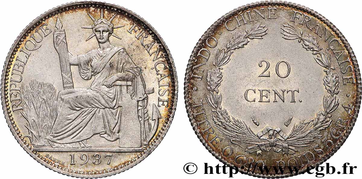 INDOCHINE FRANÇAISE 20 Centièmes 1937 Paris SUP