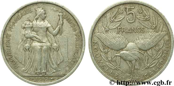 NOUVELLE CALÉDONIE 5 Francs 1952 Paris TB+ 