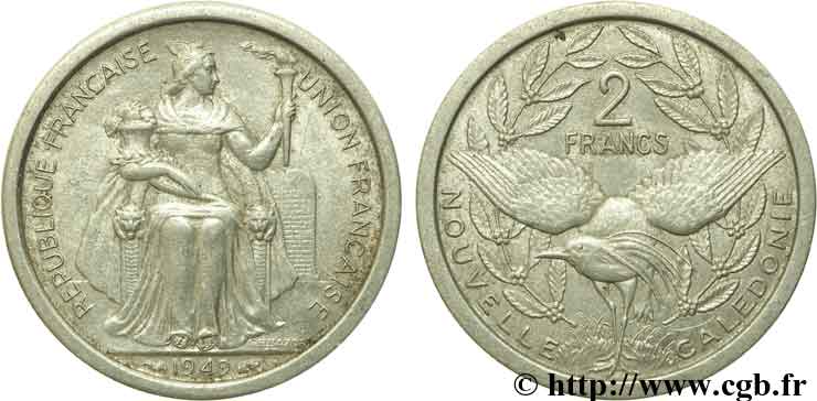 NOUVELLE CALÉDONIE 2 Francs Union Française représentation allégorique de Minerve / Kagu, oiseau de Nouvelle-Calédonie 1949 Paris TTB 