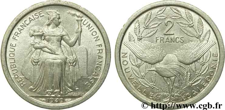 NOUVELLE CALÉDONIE 2 Francs Union Française 1949 Paris SPL 