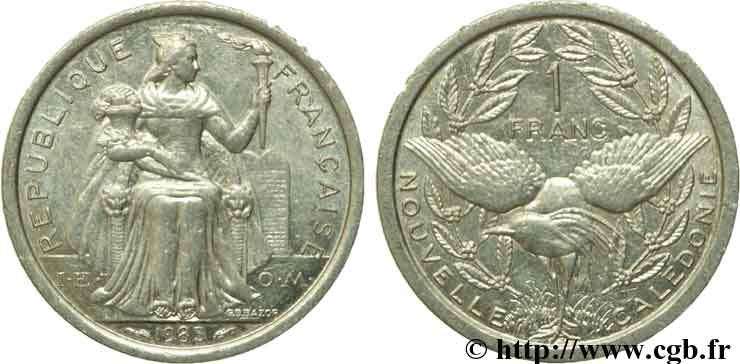 NUEVA CALEDONIA 1 Franc I.E.O.M. représentation allégorique de Minerve / Kagu, oiseau de Nouvelle-Calédonie 1983 Paris EBC 