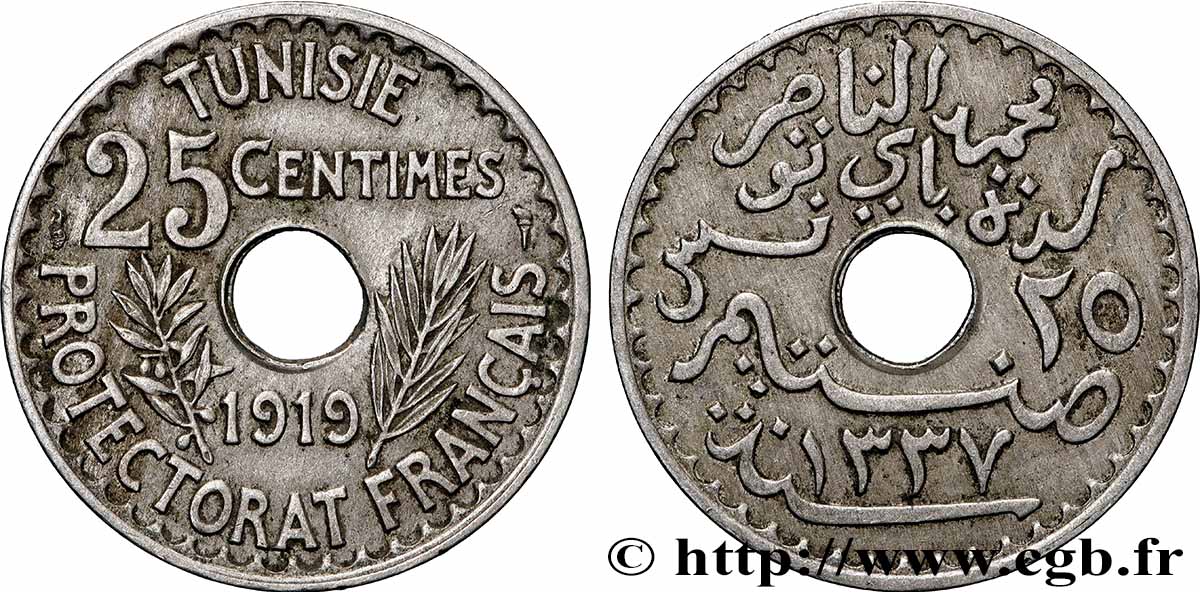 TUNISIE - PROTECTORAT FRANÇAIS 25 Centimes AH 1337 1919 Paris TTB