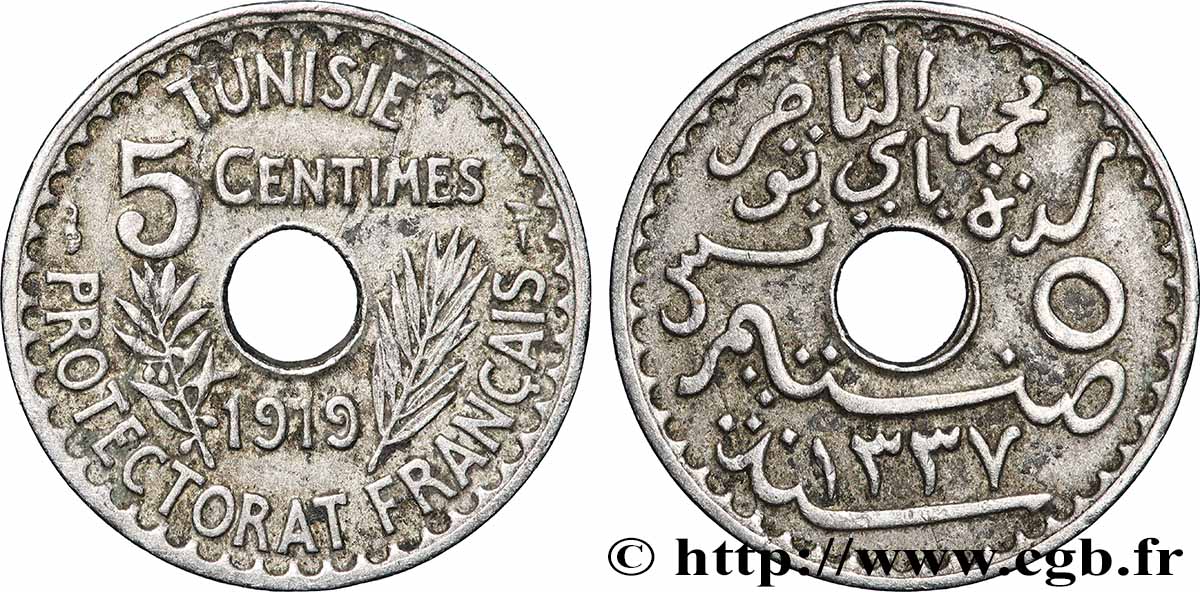 TUNISIA - Protettorato Francese 5 Centimes AH 1337 1919 Paris BB