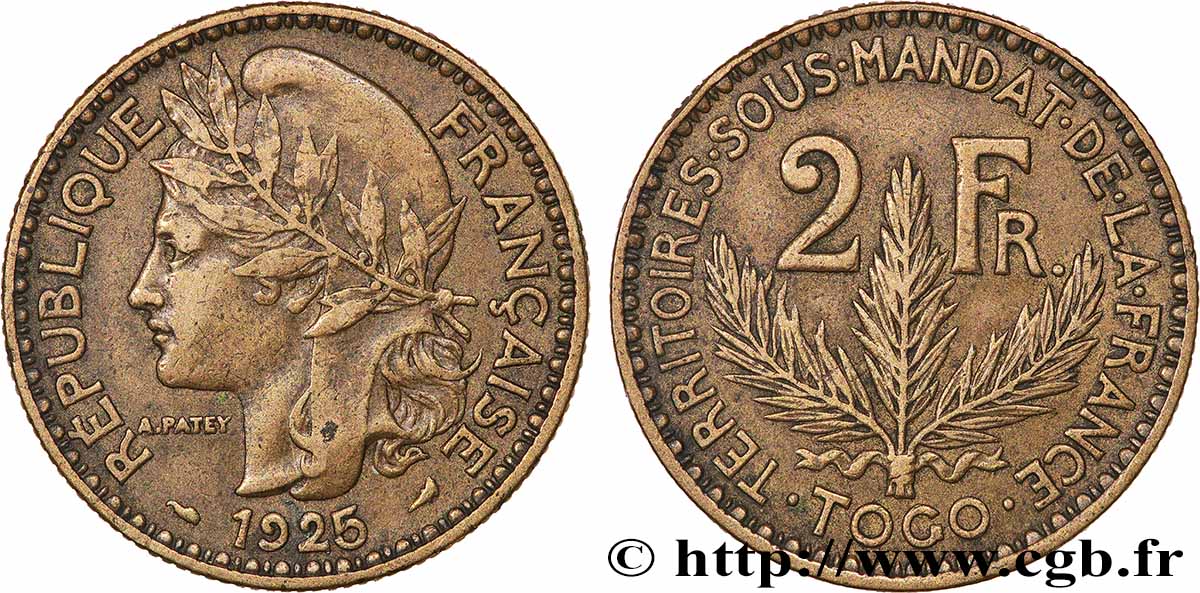 TOGO - FRENCH MANDATE TERRITORIES 2 Francs 1925 Paris XF