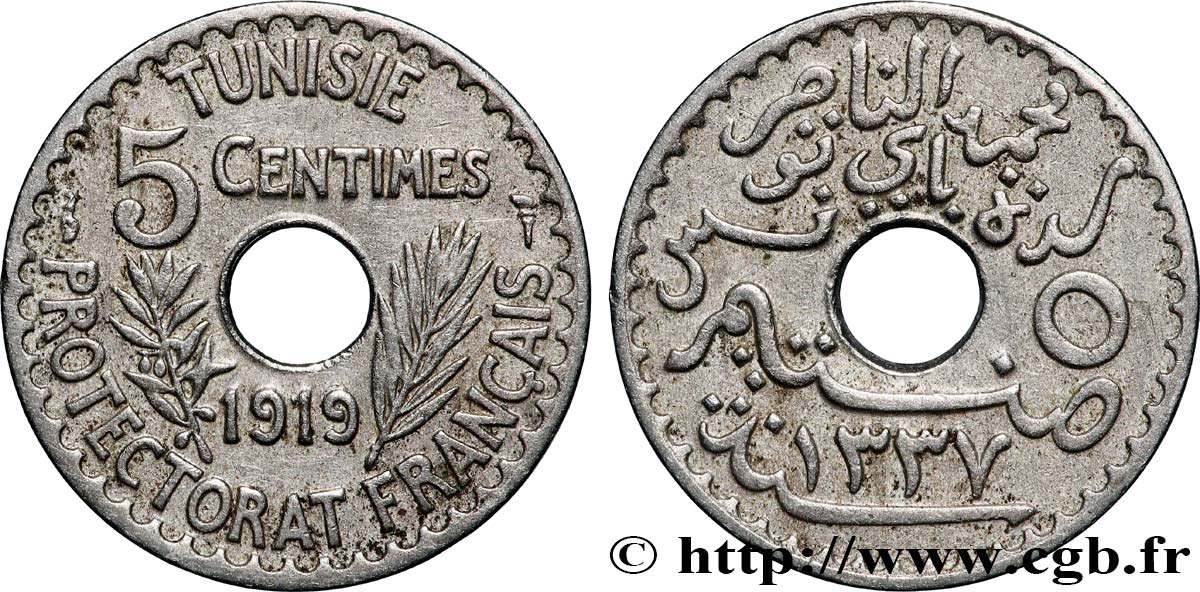 TUNESIEN - Französische Protektorate 5 Centimes AH 1337 1919 Paris SS