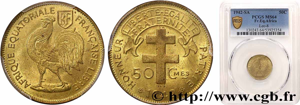 AFRIQUE ÉQUATORIALE FRANÇAISE - FRANCE LIBRE 50 Centimes 1942 Prétoria SPL64 PCGS