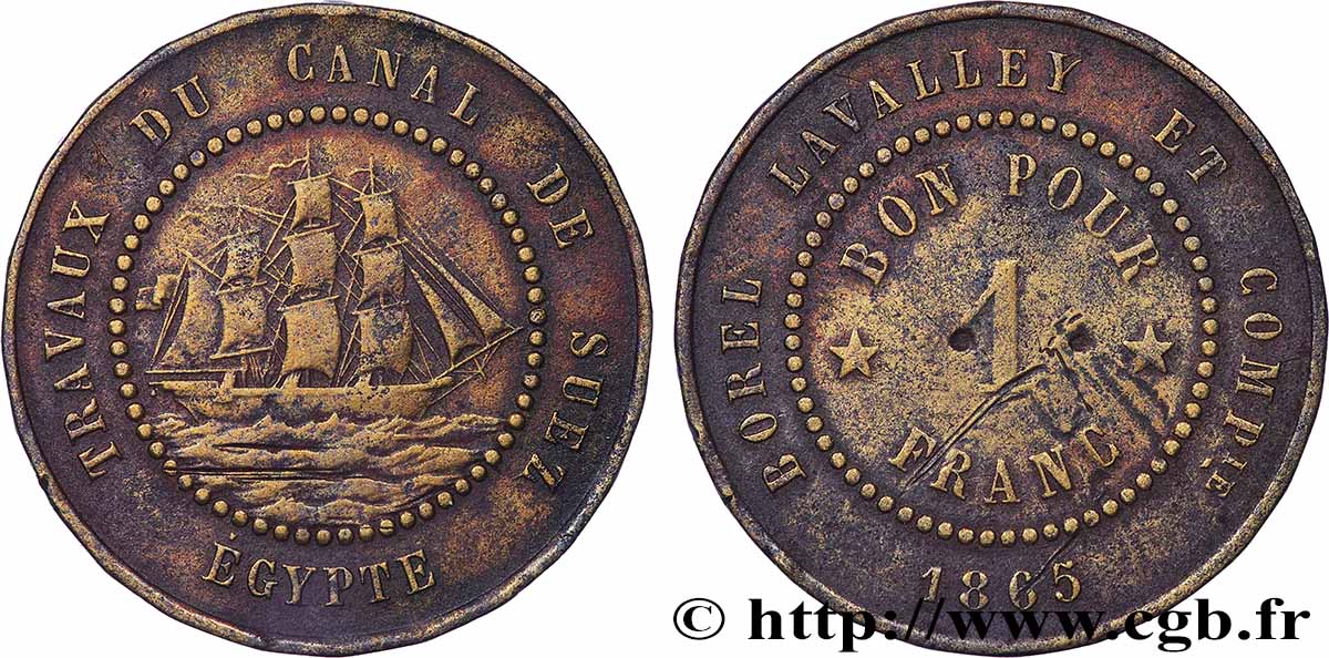 EGYPT - SUEZ CANAL 1 Franc Borel Lavalley et Compagnie 1865 VF