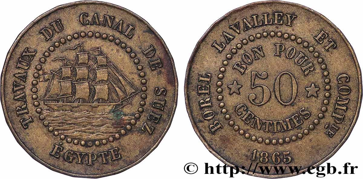 EGYPT - SUEZ CANAL 50 Centimes Borel Lavalley et Compagnie 1865 XF