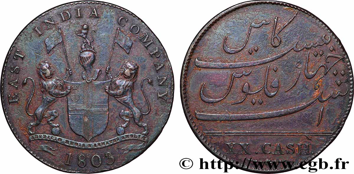 ISLE OF FRANCE (MAURITIUS) XX (20) Cash East India Company 1803 Madras XF