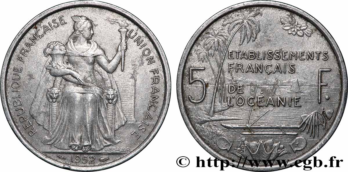 FRENCH POLYNESIA - Oceania Francesa 5 Francs Établissements Français de l’Océanie 1952 Paris MBC