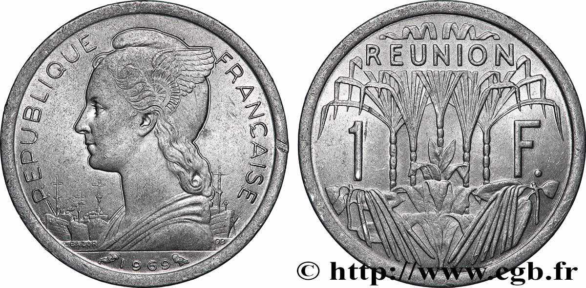 ISLA DE LA REUNIóN 1 Franc Marianne / canne à sucre 1969 Paris MBC+