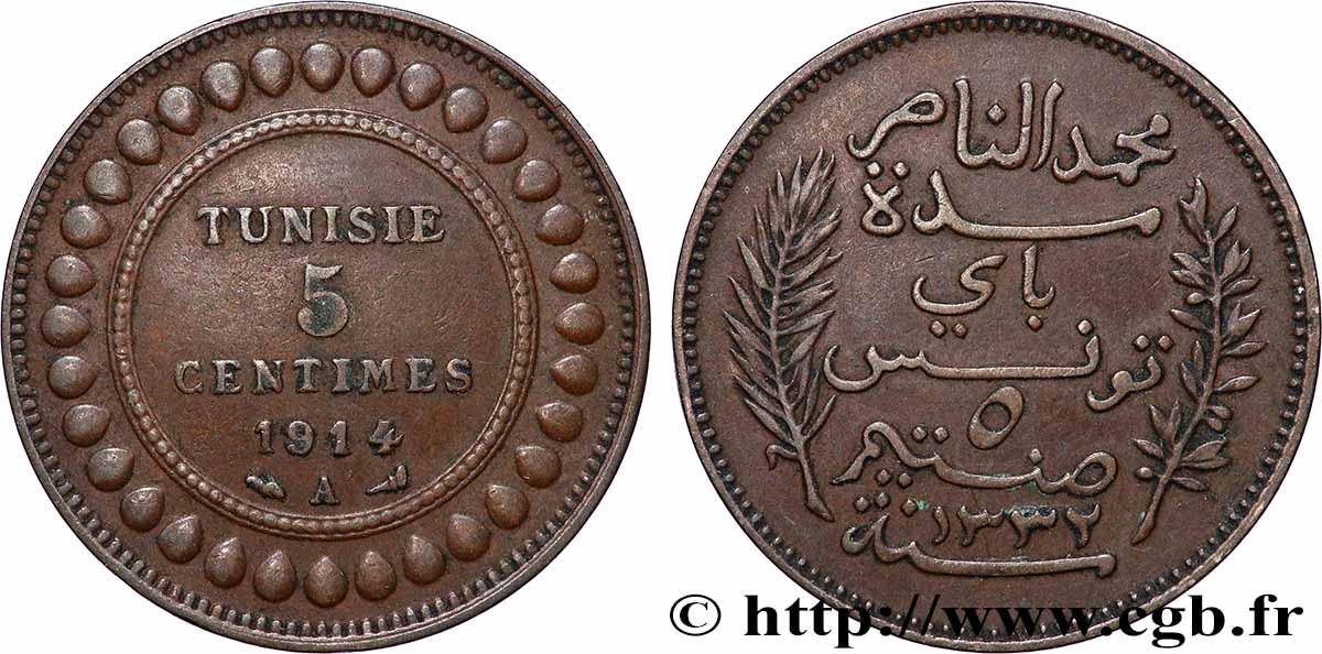 TUNEZ - Protectorado Frances 5 Centimes AH1332 1914 Paris MBC