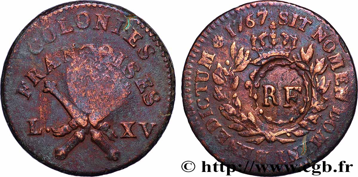 LOUIS XV THE WELL-BELOVED 3 Sous 9 Deniers ou 1/4 d’esqualin contremarqué RF 1767 Paris BC+