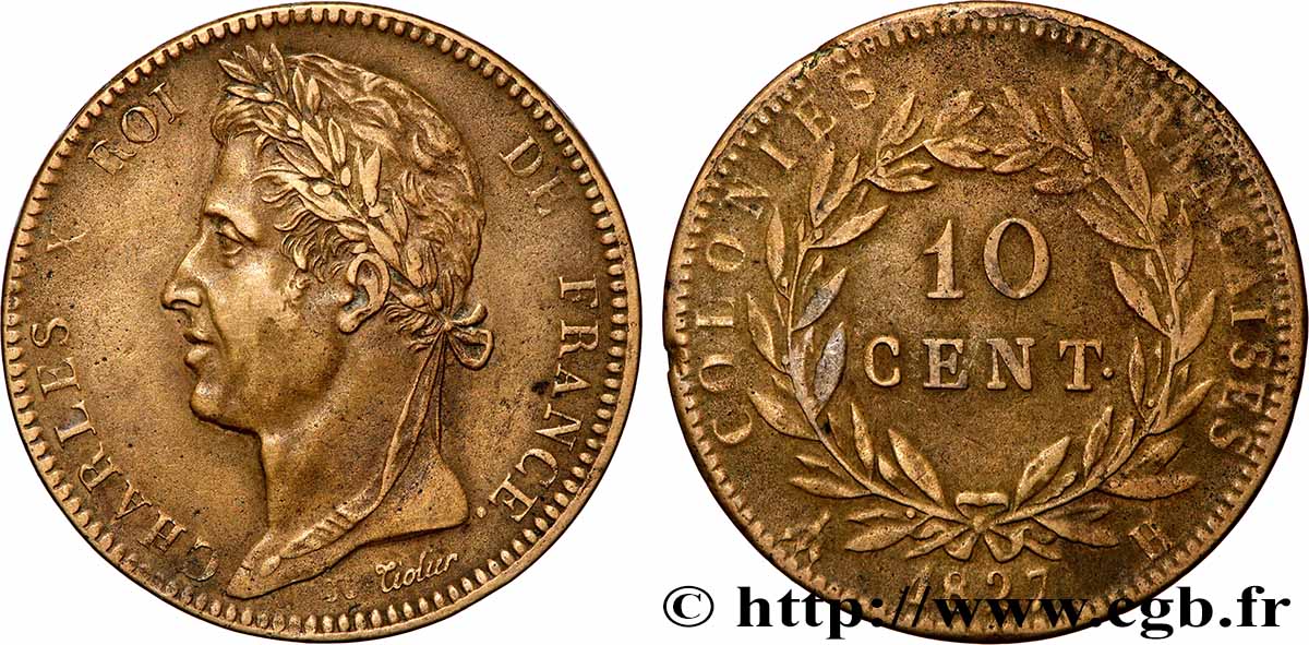 COLONIE FRANCESI - Carlo X, per Martinica e Guadalupa 10 Centimes Charles X 1827 La Rochelle - H BB