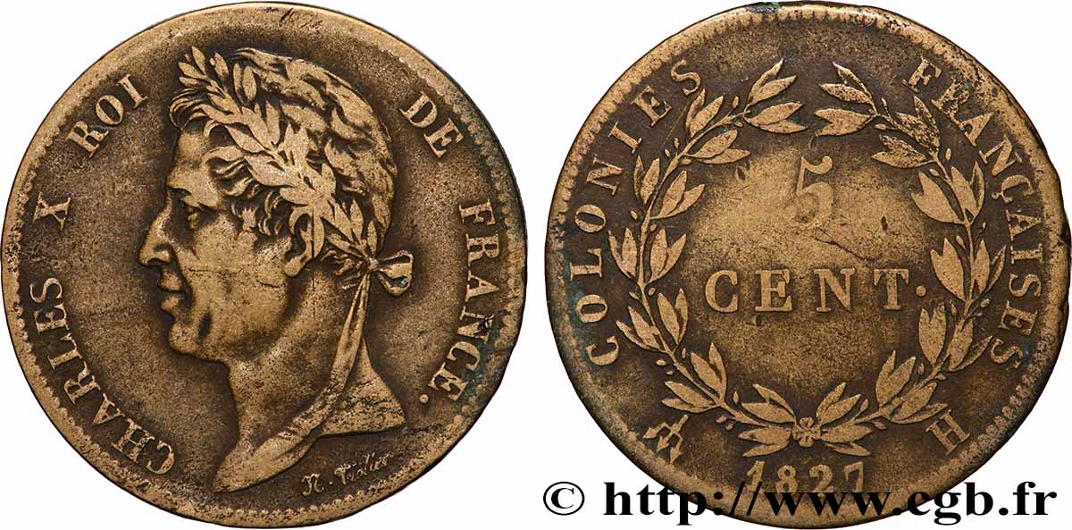 COLONIE FRANCESI - Carlo X, per Martinica e Guadalupa 5 Centimes Charles X 1827 La Rochelle - A q.BB