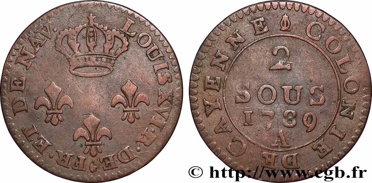 GUYANA FRANCESE 2 Sous colonie de Cayenne 2e type 1789 Paris - A MB
