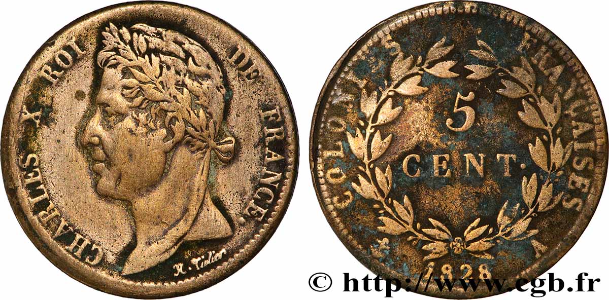 COLONIAS FRANCESAS - Charles X, para Guayana 5 Centimes Charles X 1828 Paris - A BC+