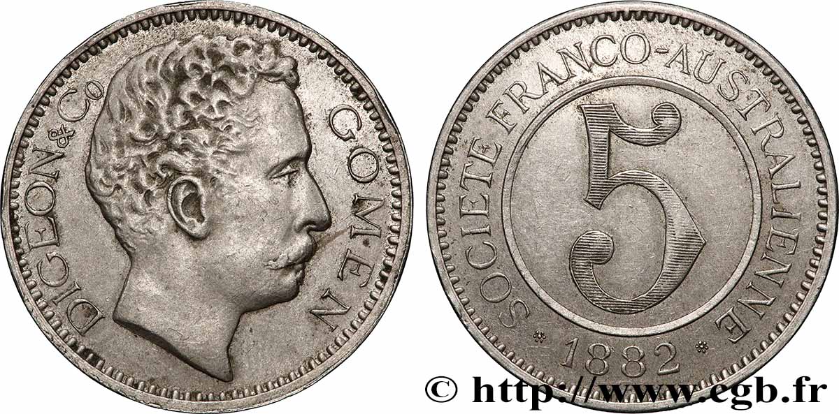 NEW CALEDONIA 5 Francs Digeon &Co - Gomen 1882 AU