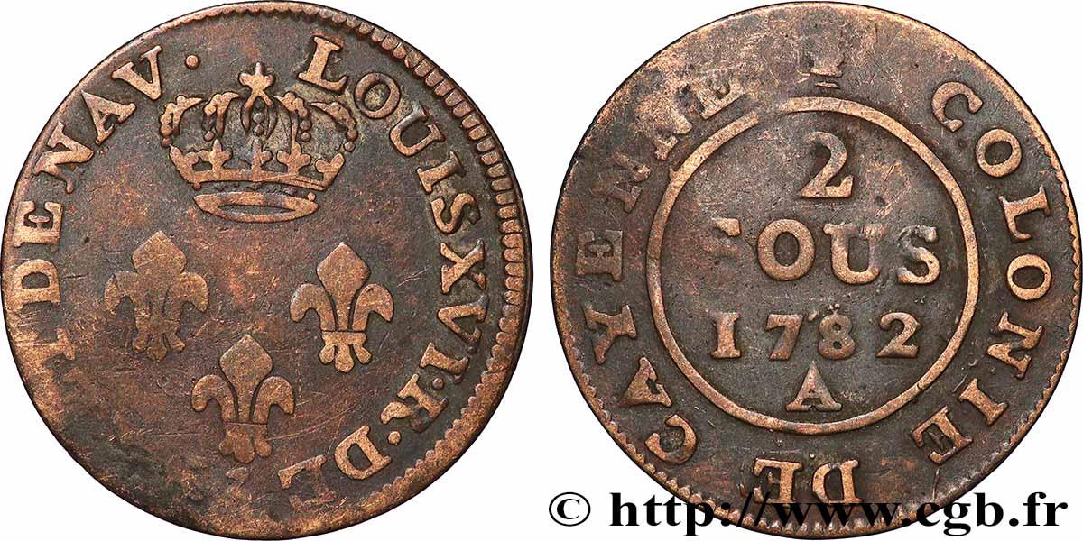 GUYANA FRANCESE 2 Sous colonies de Cayenne 3e type 1782 Paris - A MB