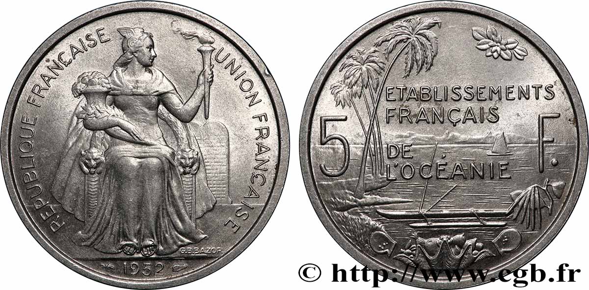 POLYNÉSIE FRANÇAISE - Océanie française 5 Francs Établissements Français de l’Océanie 1952 Paris SUP